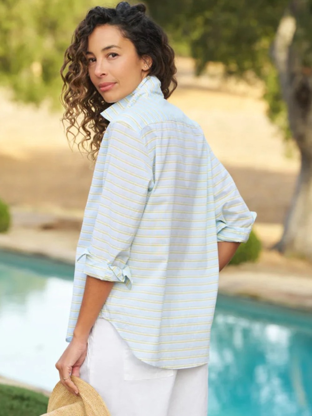 FRANK & EILEEN RELAXED BUTTON-UP SHIRT BCMS BLUE CHARTREUSE MULTI STRIPE XL EUC‎